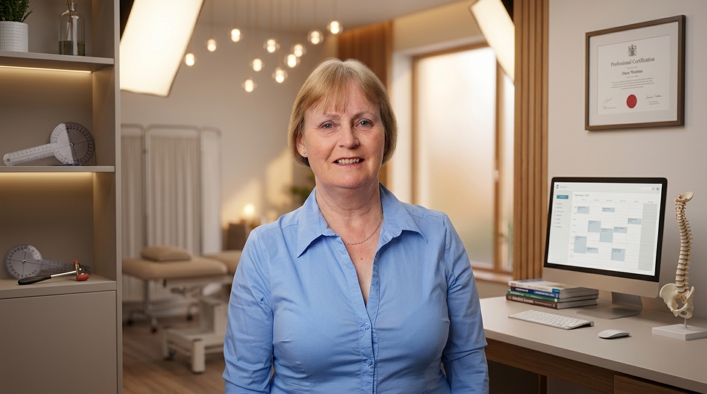 Diane Wootton Clinical Specialist Physiotherapist in modern consultation room